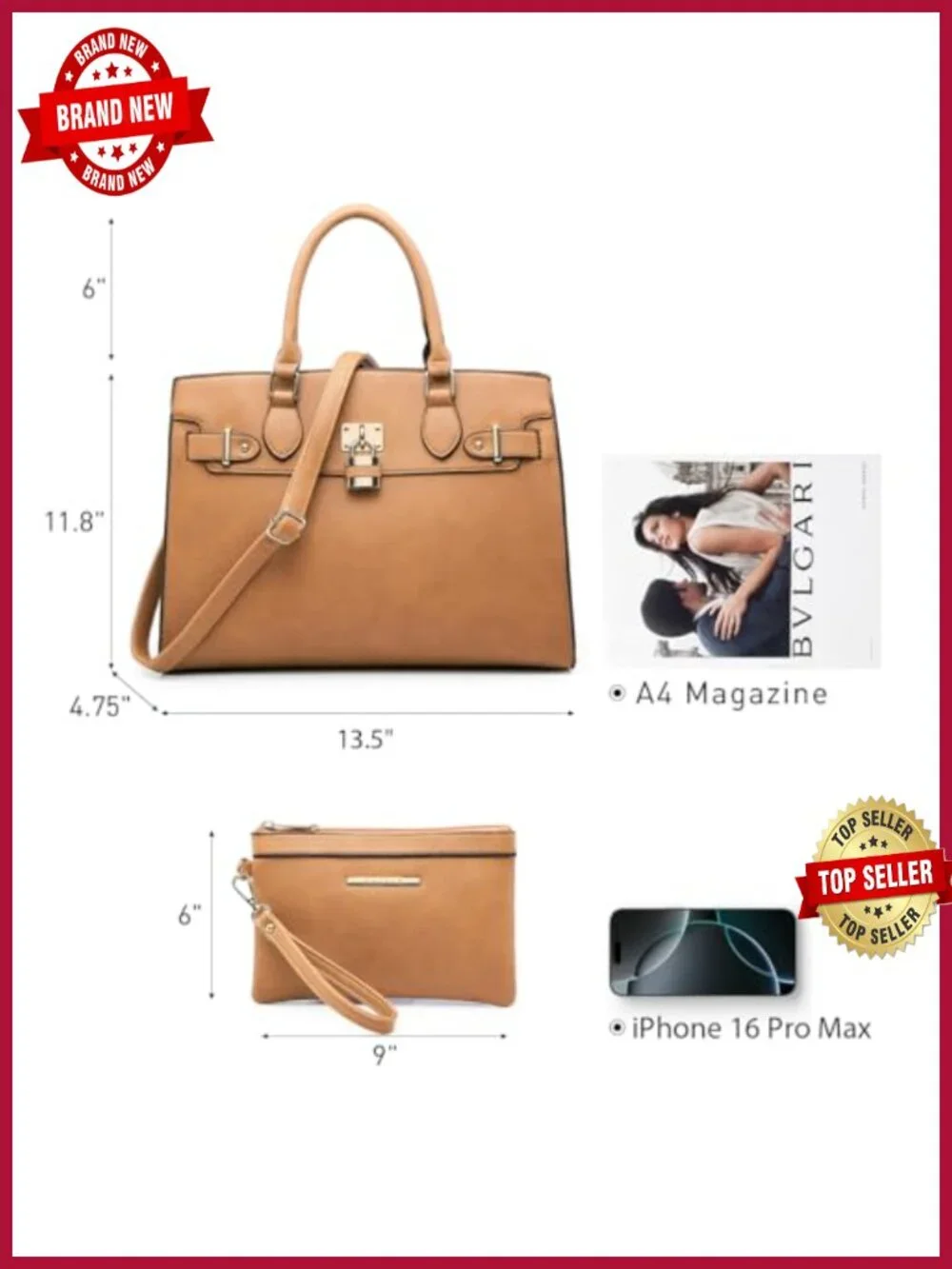 Vegan Leather Satchel Tote Handbag with Matching Clutch
